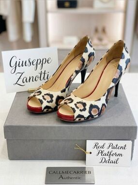 🛍️ Giuseppe Zanotti Leopard Peep-Toe Low Heels with Red Accents. Authentic.